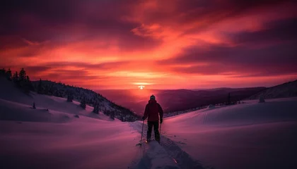 Fototapete Bordeaux Silhouette of man on mountain peak skiing generated by AI