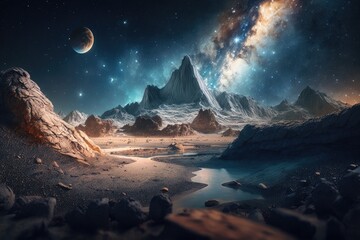 Space digital artwork. Surreal fantasy cosmos. Nebula with planets and stars.Generative AI