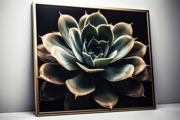 Succulent poster with gold frame on white background. Generative AI