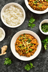 Bowls of keema curry and rice