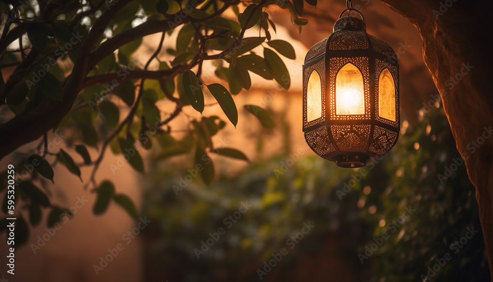 Poster glowing lantern hanging from a tree branch generated by ai