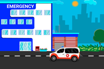 Ambulance near the hospital. Vector graphics.