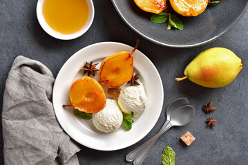 Poached pears with ice cream