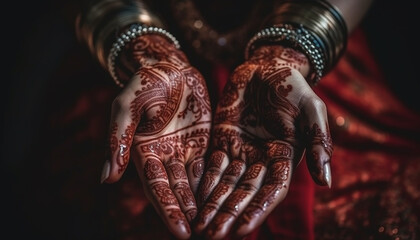 Sensuous henna adorns the hand of beauty generated by AI