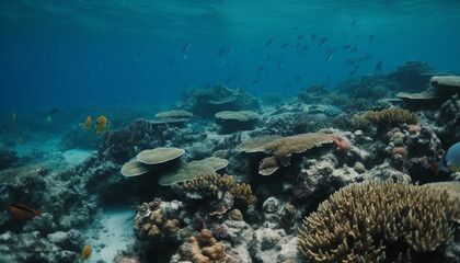Fototapeta na wymiar School of fish below coral, an underwater paradise generated by AI