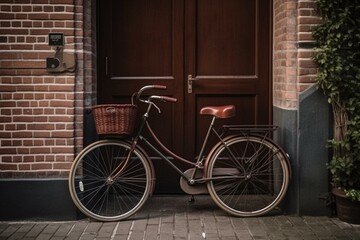 Fototapeta na wymiar A bicycle is secured to a brick wall before a doorway. Generative AI