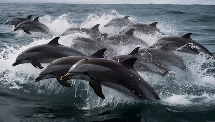 Fototapeta premium Wild dolphins jump, play in natural aquatic beauty generated by AI