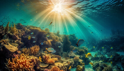 Fototapeta na wymiar Colorful sea life swims in tropical reef generated by AI