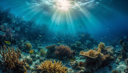 Naklejka na ściany i meble Multi ed fish swarm soft coral in tropical reef generated by AI