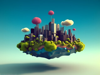 Skycrapers and trees on floating island. Concept of world environment day, nature day or green city.