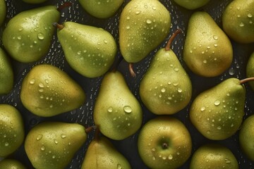 Fresh pear seamless background, adorned with glistening droplets of water. AI generated