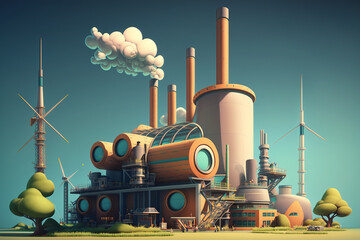 Generative AI Showcases a Modern Industrial Park: Wind Turbines, Sleek Factories, and Lush Green Spaces
