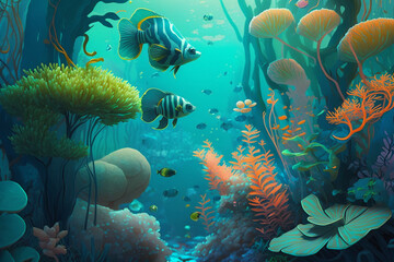 Obraz na płótnie Canvas Generative AI Envisions an Underwater Cityscape: Futuristic Glass Buildings, Vibrant Coral Reefs, and Marine Life