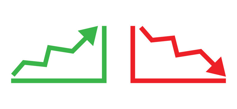 Graph going Up and Down sign with green and red arrows vector. Flat design vector illustration concept of sales bar chart symbol icon with arrow moving down and sales bar chart with arrow moving up.