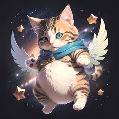 Playful Baby Cat with Wings: 2D Square Shape Caricature on Galaxy Background