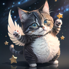 Playful Baby Cat with Wings: 2D Square Shape Caricature on Galaxy Background