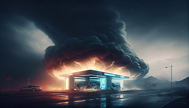 Gas station explosion with a lot of smoke, scary, car, terrorism . Car on fire parked in a gas station. Generative AI illustration