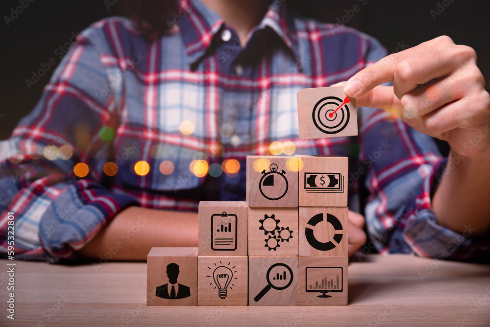 Poster business strategy, action plan, goal and target, hand stack woods block step on table with icon abou