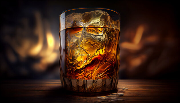 Glass of whiskey with ice cubes on a wooden table and Bokeh. Alcoholism concept. Addicting to alcoholic drink. Generative AI illustration
