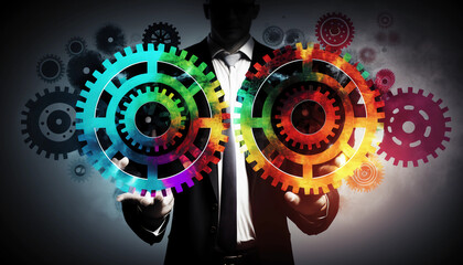 Businessman holding marketing gears, creative idea concept, teamwork strategy cogwheel of the management plan, innovation system background, Created with generative Ai Technology.