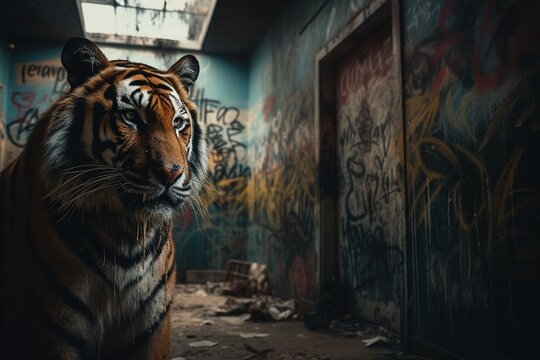 Wall scribbles with tiger fantasy. Generative AI