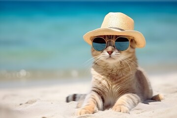 Funny cat in a hat and sunglasses lying on the sand on the beach on a sunny summer day. Recreation and vacation concept. Generative AI.