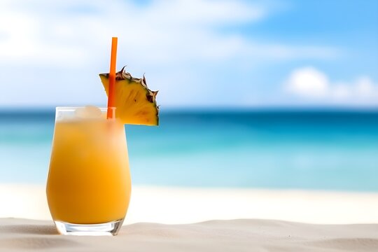 Summer orange cocktail with a slice of pineapple on the sand on the beach. Mai tai. Generative AI.