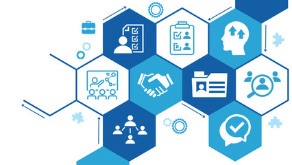 Onboarding vector illustration. Concept with connected icons related to welcoming new hire, welcome culture in the company, employee satisfaction, talent retention, workforce training.