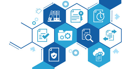 Document management vector illustration. Blue concept with no people related to digital file storage system and software, corporate records keeping, database technology.