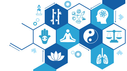 mindfulness and meditation and relaxation concept – connected icons related to mindful living, awareness, stress-relief - vector illustration