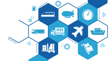 transportation and supply chain vector illustration. Abstract concept with world map background and connected icons related to international import and export, distribution.