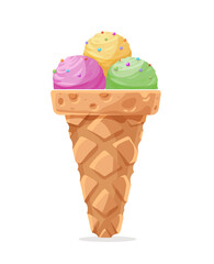 Ice-cream in waffle cup with balls of different flavours. Sweet fresh dessert. isolated. PNG