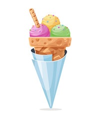 Ice-cream in waffle cup with balls of different flavours. Sweet fresh dessert. isolated. PNG