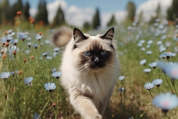 beautiful ragdoll cat running through a flower field in spring / summer, taken with a drone - Generative AI