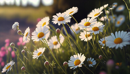 Beautiful Meadow with lots of white and pink spring daisy flowers background Ai generated image