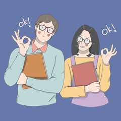 A cartoon drawing of a couple holding books with the word ok on the front.