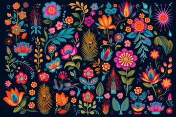florals vector in mexico ethnic or folk ornaments, embroidery pattern or textile design. generative AI