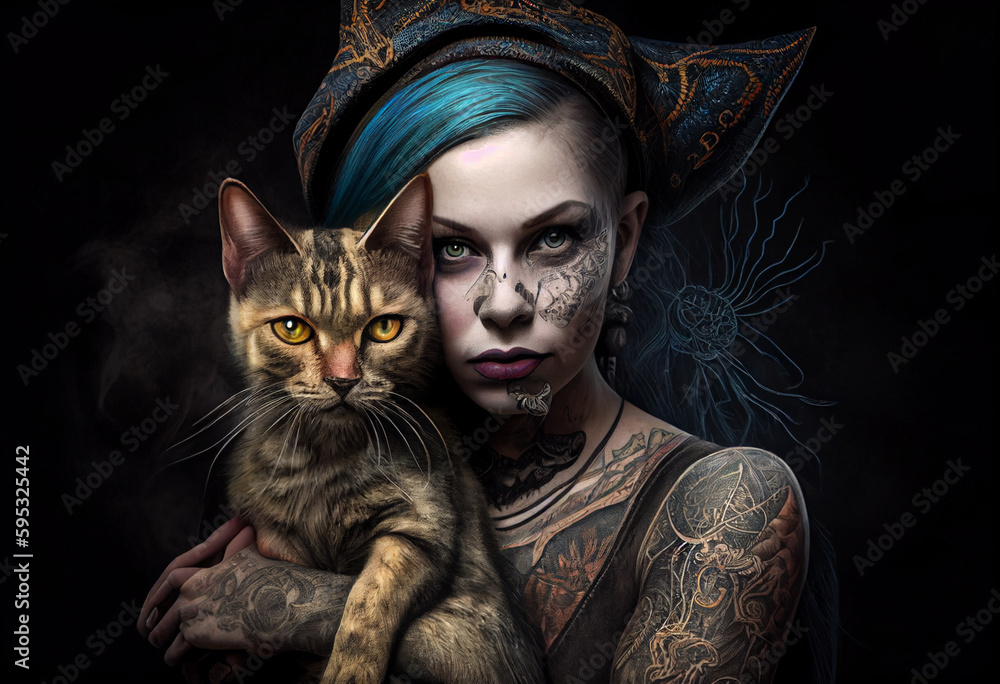 Wall mural Portrait of a woman with a cat in a witch's fancy dress. AI genarated