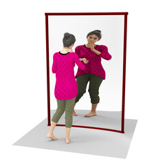 3D illustration of a slim woman looking at her fatter reflection in a concave mirror.