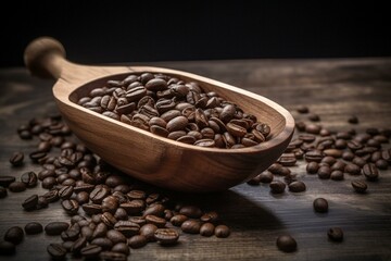 Wooden scoop filled with roasted coffee beans, placed on a rustic wooden table. Generative AI