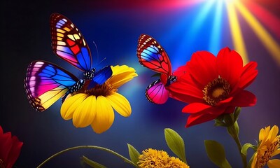 Red and Yellow Flowers with butterfly around them with a beam of sunlight