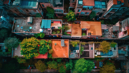 Illuminated city skyline, bustling with urban life generated by AI