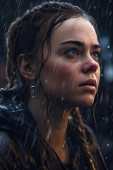 Porträt einer jungen Frau im Regen. Nahaufnahme einer jungen Frau mit Wassertropfen im Gesicht. Tränen im Regen. Ki generiert