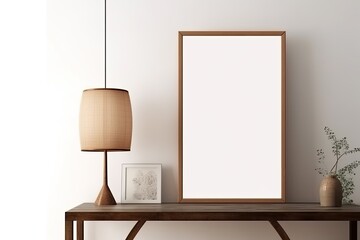 Thin vertical wooden picture frame sitting on a table, mockup for Art/poster placement created using generative AI tools