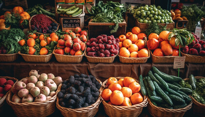 Fototapeta na wymiar Fresh fruits and veggies in wicker basket generated by AI