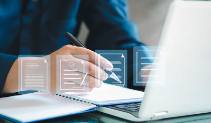 electronic signature, document management. A businessman signs an electronic document on a digital...