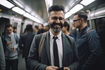 Businessman using a smart phone while commuting to work on a subway 