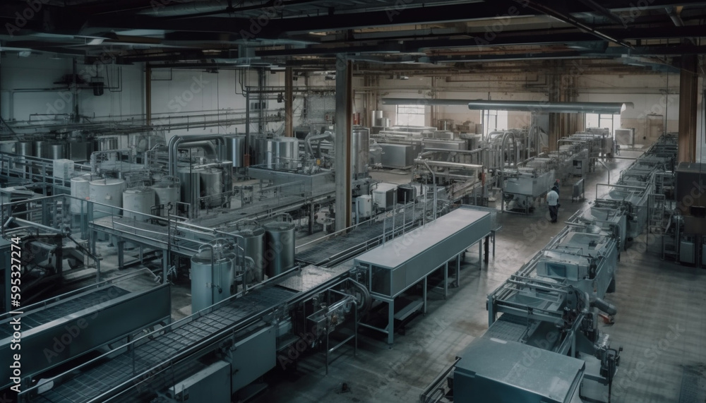 Poster modern steel factory uses automated machinery and robotics generated by ai