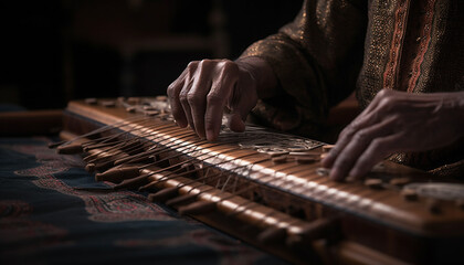 Old pianist playing chord on piano key generated by AI