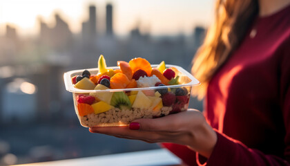 Caucasian woman holding fresh fruit salad bowl generated by AI